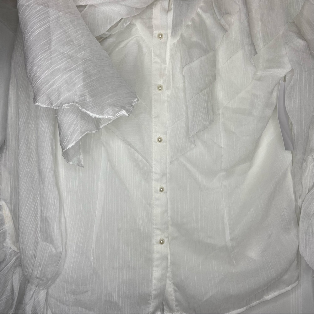 Forever Unique Organza Ruffle Trim Button Down Tie Blouse In White Size 14 - Picture 5 of 15